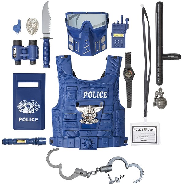 Kids Police Costume for Role Play 14 Pcs Police Toys with Police Badge, Kids Handcuffs, Shield, Vest, Flashing Light, Whistle, Police Baton - Police Officer Halloween Costume for Boys and Girls