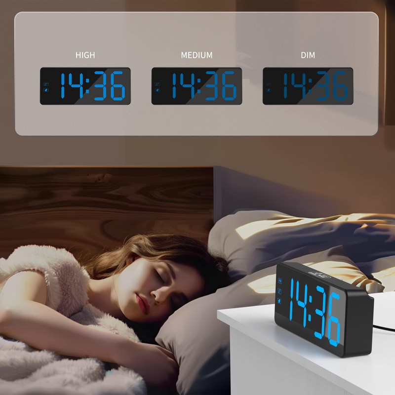 KWANWA Digital Alarm Clock with 3-Level Dimmer & Battery Backup