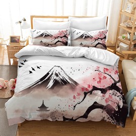 CXYXHW Cherry Blossom Bedding Set, Japanese Sakura Duvet Cover, Ink Painting Style Microfibre Duvet Cover Set 3-Piece for Children, Duvet Covers with 2 Pillowcases (Cherry Blossom 3, 135 x 200 cm)