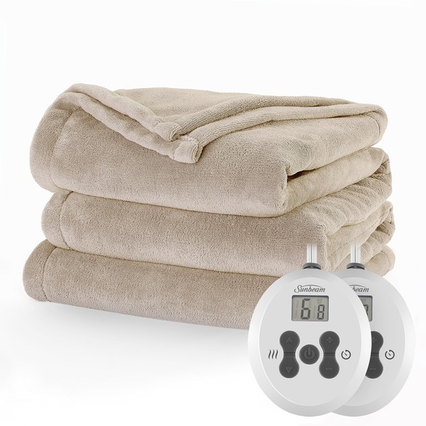 Sunbeam Royal Luxe Microplush Heated Electric Blanket Queen Size, 90" x 84", 12 Heat Settings, 12-Hour Selectable Auto Shut-Off, Fast Heating, Machine Washable, Warm and Cozy, Mushroom