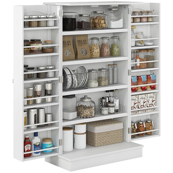 HOMCOM 41" Kitchen Pantry, Modern 2-Door Kitchen Storage Cabinet with 5-Tier Shelving, 12 Spice Racks and Adjustable Shelves, White