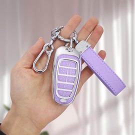 Seedwee for Hyundai 7 Buttons key fob cover, Soft TPU Keys Protector Bling Key Fob Keychain for 2024 2023 2022 Hyundai Sonata, Santa Fe, Nexo, Tucson, Palisade, Silver Purple