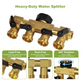 DTRK 4 Way Hose Splitter with Rotating Arms,Heavy Duty Brass Hose Connector,Solid Hose Bib Splitter for Outdoor Gardening Hoses,High Flow Water Spigot Splitter Connector, 3/4" Standard