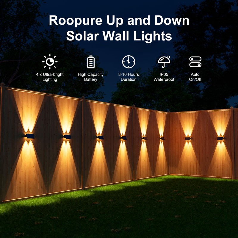 Roopure 4 Pack Warm White Solar Power Fence Wall Light