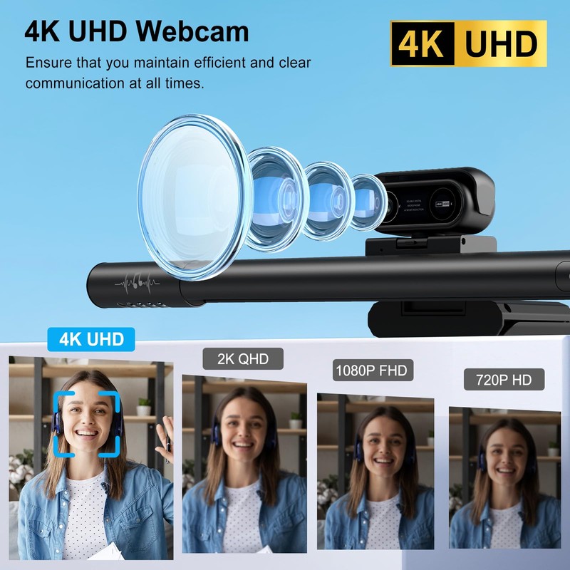 4K Webcam for PC with Microphone&Light,4-in-1 Web Cam with Speaker,Dual