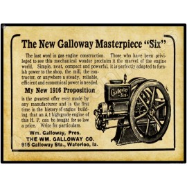 1916 Wm. Galloway Six Gas Engines New Metal Sign: Waterloo IA LARGE SIZE 12 x 16