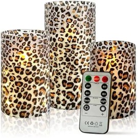 3 Pack Home Decoration Flameless LED Pillar Candles 11-Key Remote Timer Flickering Tropical Flower Print Battery Operatedcolor: Leopard, size: High:6" x 3" ;Medium:5" x 3" ;Low:4" x 3"