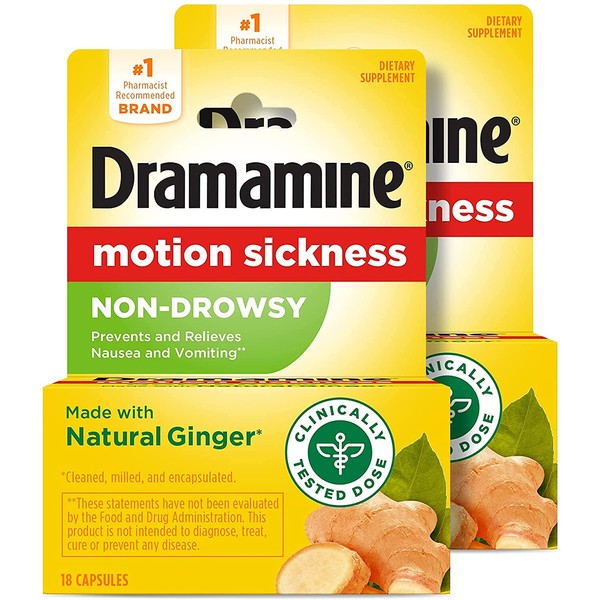 Dramamine Non-Drowsy Naturals Motion Sickness Relief | Made with Natural Ginger | 18 Count | Pack of 2