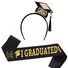 Gmmidea 2PCS Graduation Headband And Sash Mini Bachelor Hat Headband Glitter Letter Graduation Shoulder Straps Cap Decorations for Grad Party Ceremony Outfits Accessories
