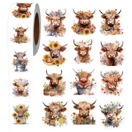Luvsweets Highland Cow Stickers for Kids - 1000Pcs Watercolor Flower Cow Stickers, Highland Cattle Decals, Cartoon Animal Sticker for Water Bottles Scrapbook Envelopes Party Favors, 16 Designs