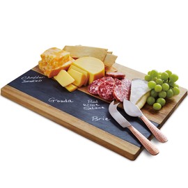 Refinery and Co. Solid Acacia Wood and Slate Meat and Cheese Board Set, Knives with Hammered Copper Finish Handles, Large Charcuterie Party Tray, Best Anniversary Housewarming for Entertaining