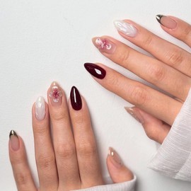 MERVF Press on Nails Almond Medium, Gold French Tip Fake Nails 3D Flower Glue ons Acrylic Nail Burgundy Design Manicure Glossy 30pcs