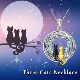 TOUPOP Gifts for Cat Lovers Sterling Silver 3 Cats Necklace with Crystal Birthday Christmas Celtic Jewelry