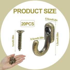 Greacesrio Pack of 20 Mini Iron Hooks, Vintage Coat Hooks with Screws, Classic Wardrobe Hooks, Antique Hooks for Coat, Clothes, Towels, Cup (Bronze)