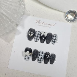 Black lovely hound check handmade nail tip - Short Square / 블랙 러블리 하운드체크 수제네일팁 - 숏스퀘어