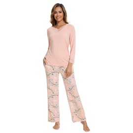 WiWi Viscose from Bamboo Pajamas Sets for Women Long Sleeve Sleepwear Soft V Neck Top with Pants Plus Size Pjs S-4X, Blush+Pink flowers, XX-Large