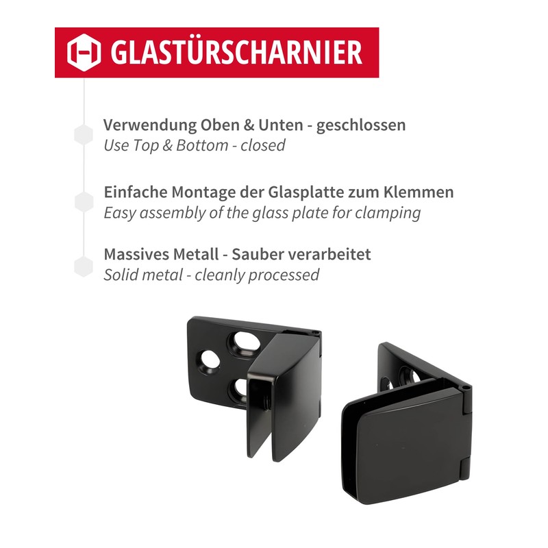 Gedotec Glass Door Hinge Top & Bottom Black Matt Square