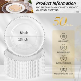 50 Pack Silver Clear Charger Plates With Beaded Rim, 13 Inch Dinner Charger Plates, Bulk Plastic Floral Table Plate for Dinner Wedding Table Setting Decoration(Silver)