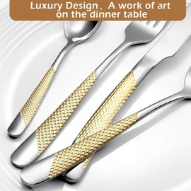 4 Piece Premium Stainless Steel Gold Utensils Set, Hammered Modern Gold Cutlery Set for Dinner Parties,Steak Forks, Spoons,Knives,Gift box Included