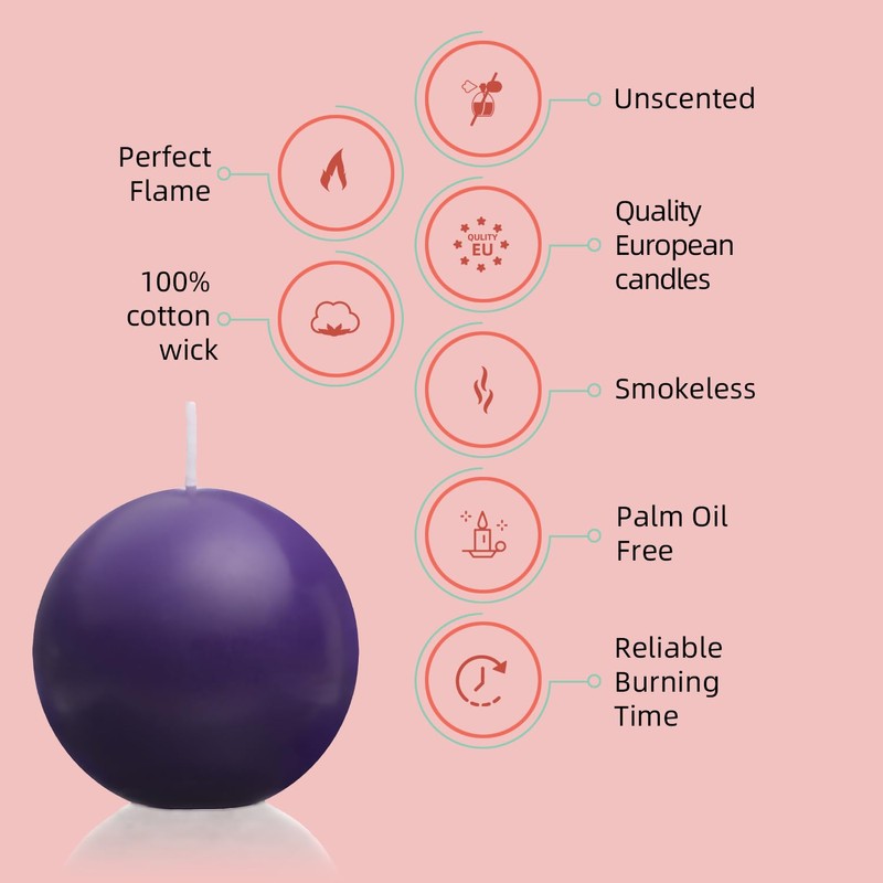 Ball Pillar Candles Set of 3 Purple 3Inch Unscented Handpoured