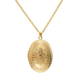Vintage Engraved Flower Empaistic Photo Locket Hold Picture Oval Round Pendant Necklace Antique Carved Pattern Souvenir Memorial Clavicle Jewelry for Women-1