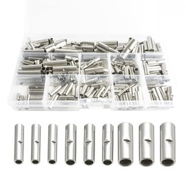 GFFG 300PCS Non-Insulated Butt Connectors Kit, Connectors of Tinned Red Copper, 24-22 22-18 18-14 14-12 12-10 14 8 Gauge Electrical Wire Crimp Seamless Uninsulated Butt Ferrule Terminals Kit