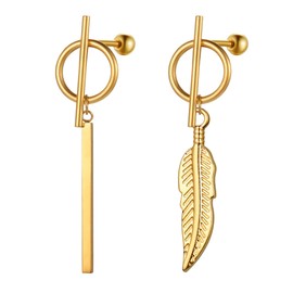 Flongo Women's Asymmetric Earrings Hoop Earrings in Silver Black Gold Stud with Hanging Chains Pendant for Women, Stainless Steel