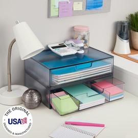 STORi STORi STAX Plastic Stackable Organizer Drawers (Set of 2) Classic Grey | 12.5" Wide | Set Includes One Open Drawer & One Divided Drawer | Organize Office Desk Accessories & Sort Paper | Made in USA