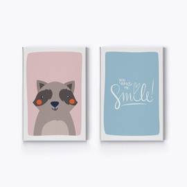 Smile Art Design Cute Raccoon and Motivational Quote Pink Blue Background 2 PIECE CANVAS PRINT SET Kids Room Decor Wall Art Baby Boy and Girl Room Decor Ready to Hang Made in the USA (17x11) x2