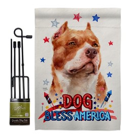 Breeze Decor Patriotic Fawn Pitbull Garden Flag Set with Stand Animals Dog Puppy Spoiled Paw Canine Fur Pet Nature Farm Animal Creature Small Decorative Gift Yard House Banner Made in USA 13 X 18.5