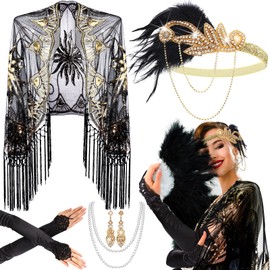 Zhanmai 5 Pcs 1920s Accessories Set Flapper Feather Headband Pearl Necklace Earrings Gloves Fringed Evening Cape Scarf for Women (Elegant Style)