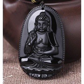 Pendant Necklace, Natural Obsidian Stone, Birthstone, Zodiac Stone, Buddhist Symbol, For Protection