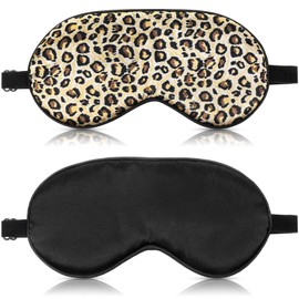 2 Pieces Silk Sleeping Mask with Adjustable Strap-Silk Eye Mask Soft Eye Cover Blindfold Eyeshade with Leopard Print, for Blocking Out Lights Sweet Sleep Travel Relax, Nap, Meditation (Black)