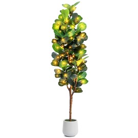 7ft Artificial Fiddle Leaf Fig Tree with LED Fairy Lights & White Planter - Lifelike Faux Ficus Lyrata Plant in Pot with Natural Trunk for Home Office Living Room Foyer Corner Decor Indoor Outdoor
