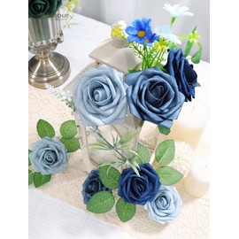 Jdsour 25pcs Artificial Flower，Real Looking Foam Roses w/Stem for DIY Wedding Bouquets Centerpieces Bridal Shower Party Decor-Shades of Navy Blue
