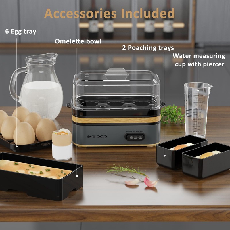 Evoloop Rapid Egg Cooker Electric 6 Eggs Capacity, Soft, Medium,