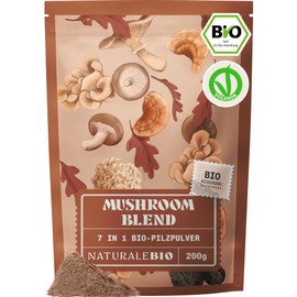 NaturaleBio Mushroom Powder 200g 7 Vital Mushrooms Organic Reishi, Lion Mane, Chaga, Maitake, Cordyceps, Shiitake, Tremella. Vegan, Gluten Free and GMO Free, Improves Energy and Cognitive Functions