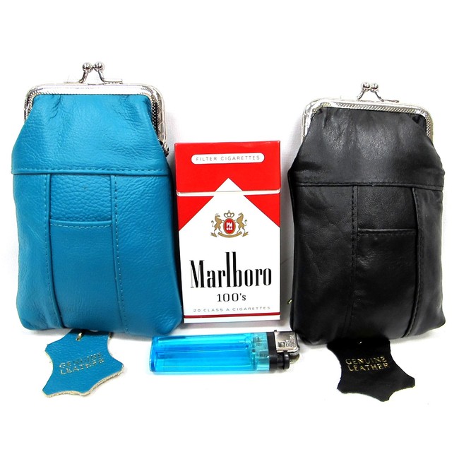 Leather Cigarette Case 2pc Set Genuine Pouch Teal Green + Black Fit 100s, King Regular Pack