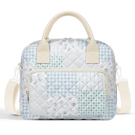 Quilted Lunch Box for Women, Large Insulated Lunch Bag for Adult,Elegant Pink Bow Cute Portable Tote Bags for Work Travel Beach Picnic (Green Blue Patchwork, M)