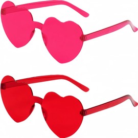 GCQJOQ 2 Pairs Heart Glasses Heart Shape Frameless Glasses Trendy Transparent Color Party Sunglasses, Hot pink, Red