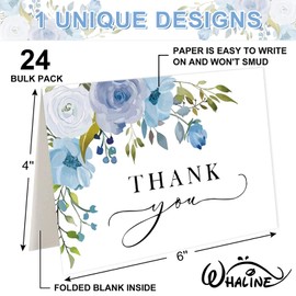 Whaline 24 Pack Blue Floral Thank You Cards Bulk Watercolor Flower Thank You Note Cards with Envelope Sticker for Thanksgiving Wedding Bridal Shower Birthday