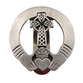 Fine Pewter Irish Claddagh Celtic Cross Auto Visor Clip with Green Accent, 1 7/8 Inch