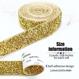 Dowarm 3 Yards Gold Rhinestone Ribbon Crystal Self Adhesive Tape Bling Diamond Sticker Glittery Strips for Crafts Wedding Decoration