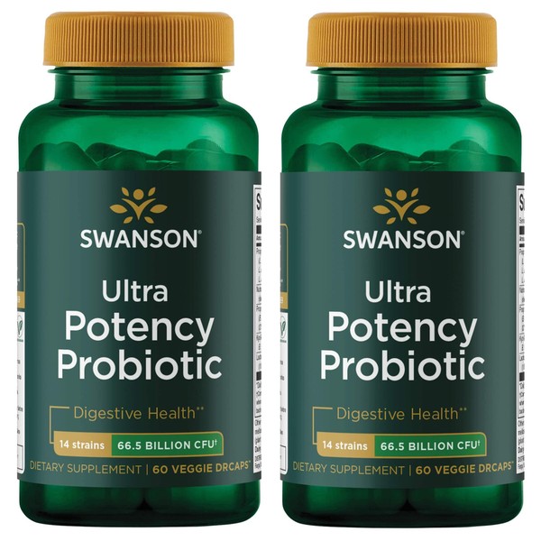 Swanson Ultra Potency Probiotic Digestive Health Immune System Support 66 Billion CFU Prebiotic NutraFlora scFOS 60 DRcaps Veggie Capsules (Caps) (2 Pack)