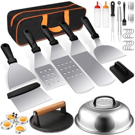 Terlulu Griddle Accessories Kit, Terlulu 29 PCS Flat Top Grill Accessories for Blackstone and Camp Chef, Metal Spatula Set with Burger Press, Melting Dome, Scraper, Tongs, Carry Bag for Outdoor Grilling BBQ
