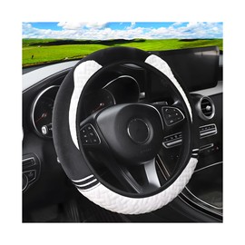 XINLIYA 15 Inch Car Plush Steering Wheel Cover for Winter Warm, Anti-Slip Automotive Steering Wheel Protector Interior Decoration for Women Man, Universal for Vehicle SUV Truck RV and More（White）