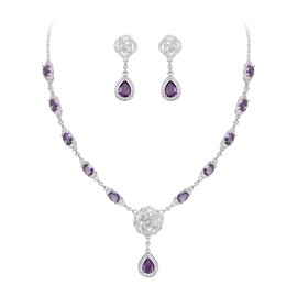 Crysdue Wedding Cubic Zirconia Costume Jewelry Set for Women Bridal Bridesmaid, Sparkling Birthstone Floral Pendant Necklace Chandelier Drop Earrings for Prom Party Purple Silver-Tone