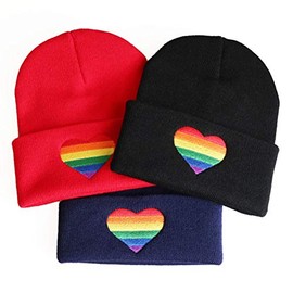 Unisex Rainbow Beanie Heart Embroidered Knit Beanie Love Knitted Hat Hip Hop Bonnet Stylish Slouchy for Spring Autumn Winter Outdoors (Black)