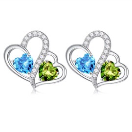 Iefil Heart Earrings for Women - Aquamarine Earrings, Peridot Earrings, March August Birthstone Earrings, 925 Sterling Silver Heart Earrings, Anniversary Birthday Gifts, Jewelry Gifts for Her Mom