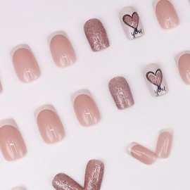 Valentine's Day Press on Nails Medium Square Fake Nails with Glitter Heart Designs White French Tip Glue on Nails Pink White Stick on Nails Full Cover False Nails Press ons for Women 24 Pcs